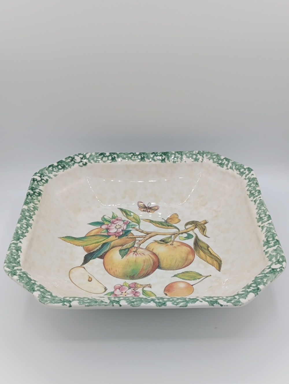 Vintage Italian Fruit Motif Ceramic Serving Bowl in Green and Cream. Made In Ita